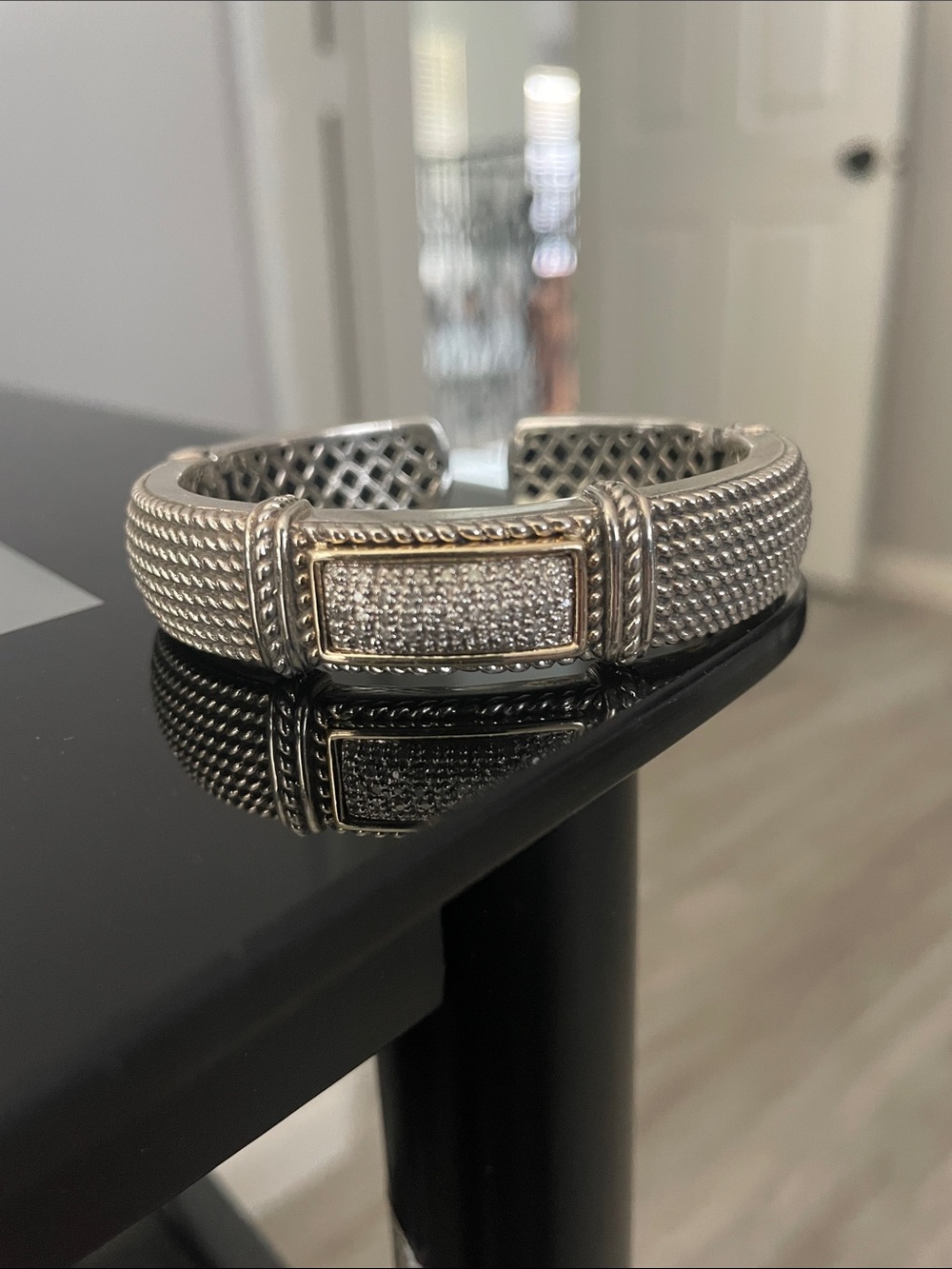 Sterling Silver and 14K Yellow Gold w/ Pave DiamondsTextured Hinged Cuff Bangle